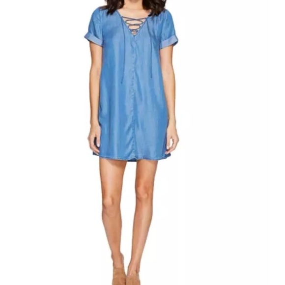 Lucky brand Chambray lace up front dress Xs - Picture 1 of 5